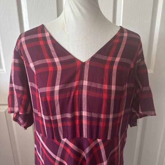 J Jill Womens XL Pink Plaid V Neck Maxi Dress Academia Cottagecore Modest Red - Picture 4 of 12